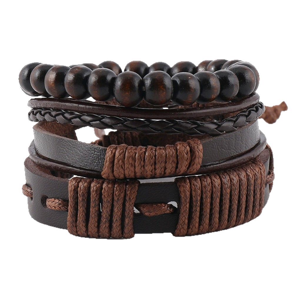 Bracciale 3 pezzi in pelle e corda cerata dal design tribale per uomo - Terrakai