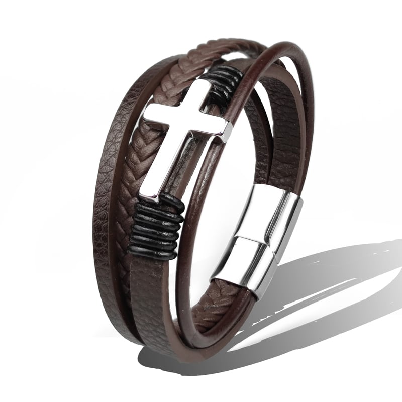 Bracciale da uomo in pelle intrecciata con croce in acciaio inossidabile - Sentinel