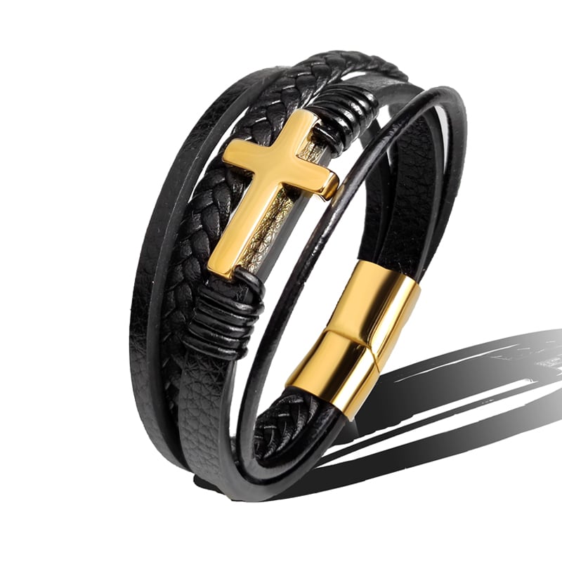 Bracciale da uomo in pelle intrecciata con croce in acciaio inossidabile - Sentinel