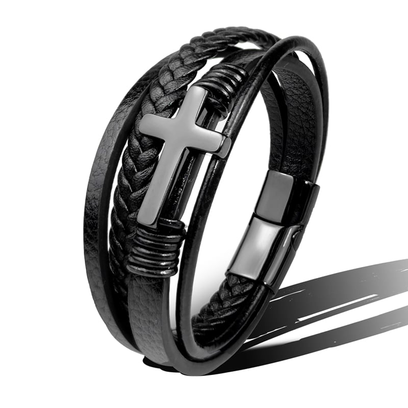 Bracciale da uomo in pelle intrecciata con croce in acciaio inossidabile - Sentinel