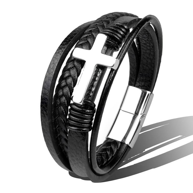 Bracciale da uomo in pelle intrecciata con croce in acciaio inossidabile - Sentinel
