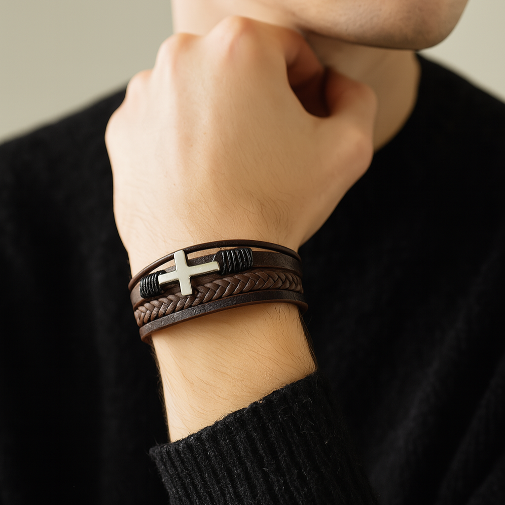 Bracciale da uomo in pelle intrecciata con croce in acciaio inossidabile - Sentinel
