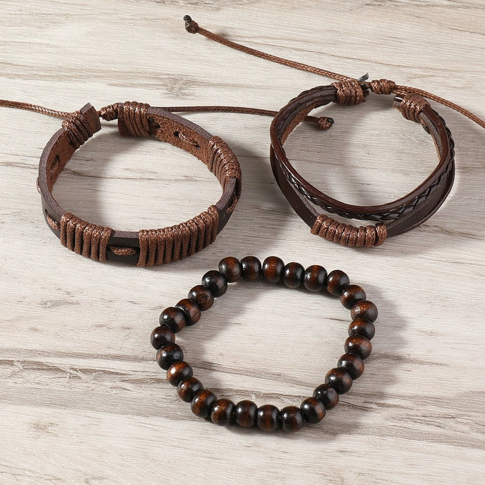 Bracciale 3 pezzi in pelle e corda cerata dal design tribale per uomo - Terrakai