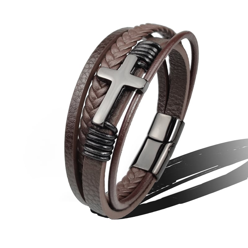 Bracciale da uomo in pelle intrecciata con croce in acciaio inossidabile - Sentinel