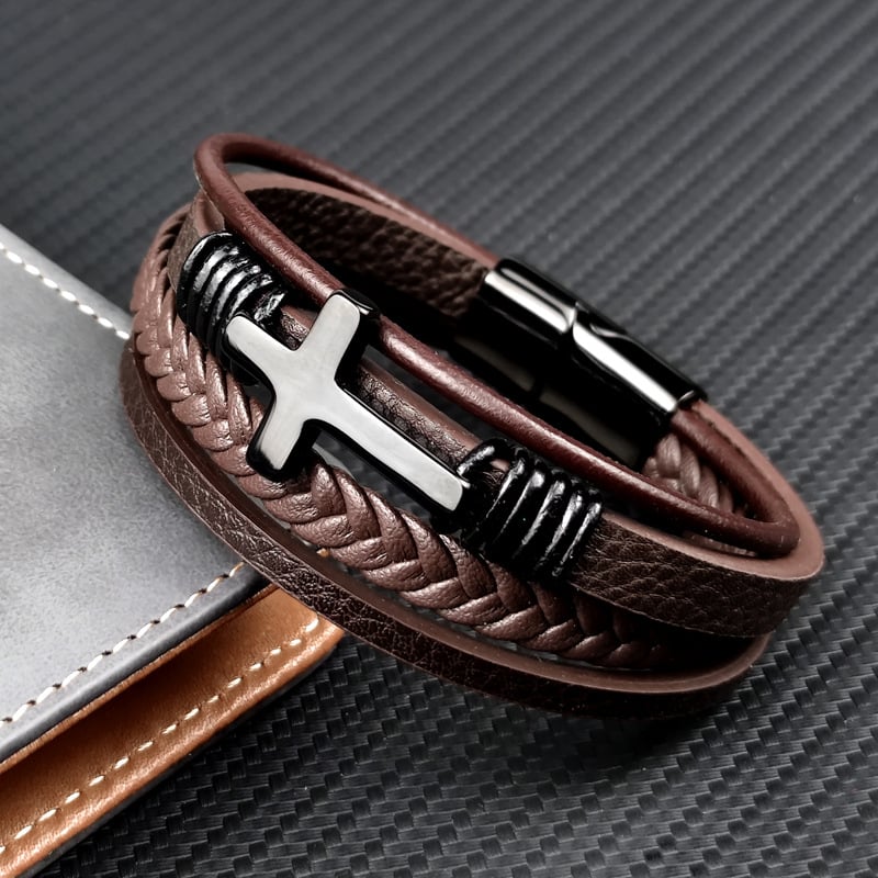 Bracciale da uomo in pelle intrecciata con croce in acciaio inossidabile - Sentinel