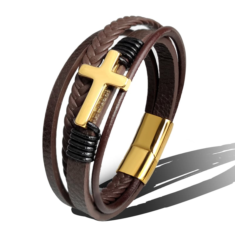 Bracciale da uomo in pelle intrecciata con croce in acciaio inossidabile - Sentinel