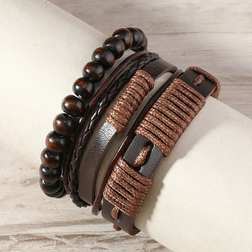 Bracciale 3 pezzi in pelle e corda cerata dal design tribale per uomo - Terrakai