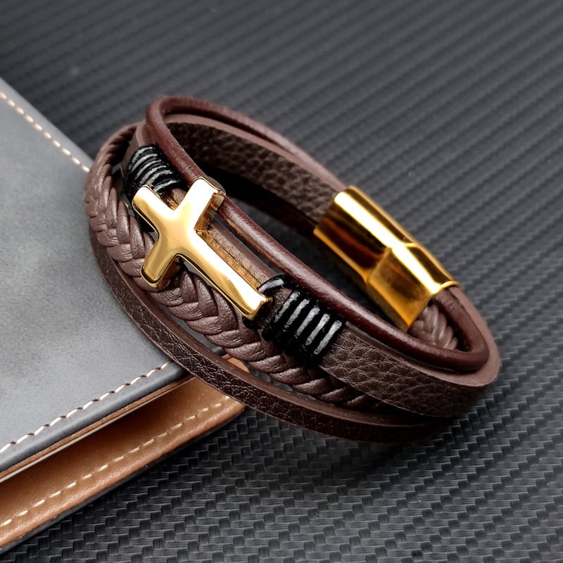 Bracciale da uomo in pelle intrecciata con croce in acciaio inossidabile - Sentinel