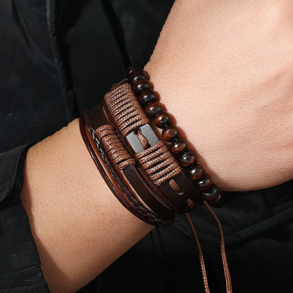Bracciale 3 pezzi in pelle e corda cerata dal design tribale per uomo - Terrakai