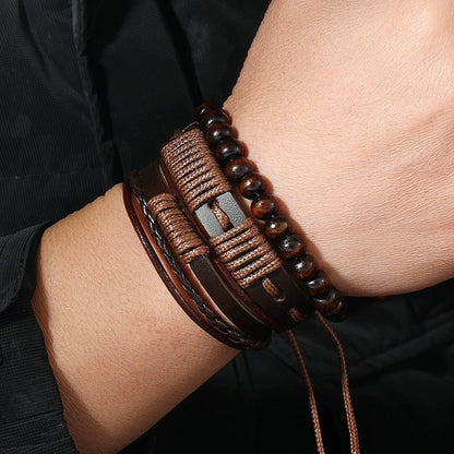 Bracciale 3 pezzi in pelle e corda cerata dal design tribale per uomo - Terrakai