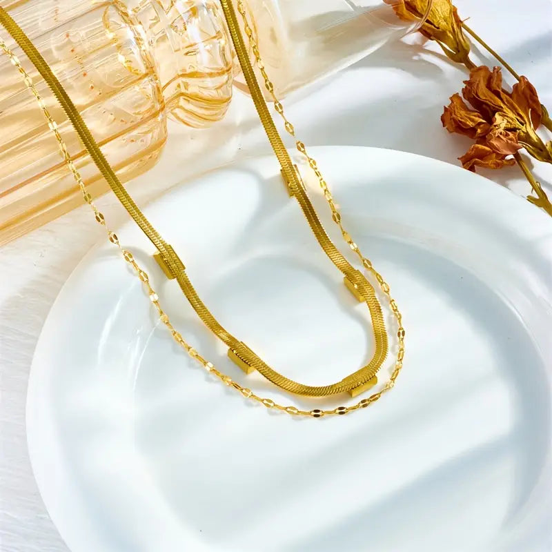 Collana doppia dorata con rettangoli verdi - Narelle