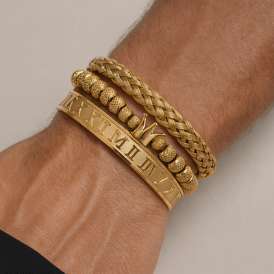 Bracciale da uomo in acciaio con simbolo corona e incisioni romane - Magnus