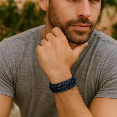 Bracciale da uomo in pelle vegana intrecciata con perle naturali - Maeron