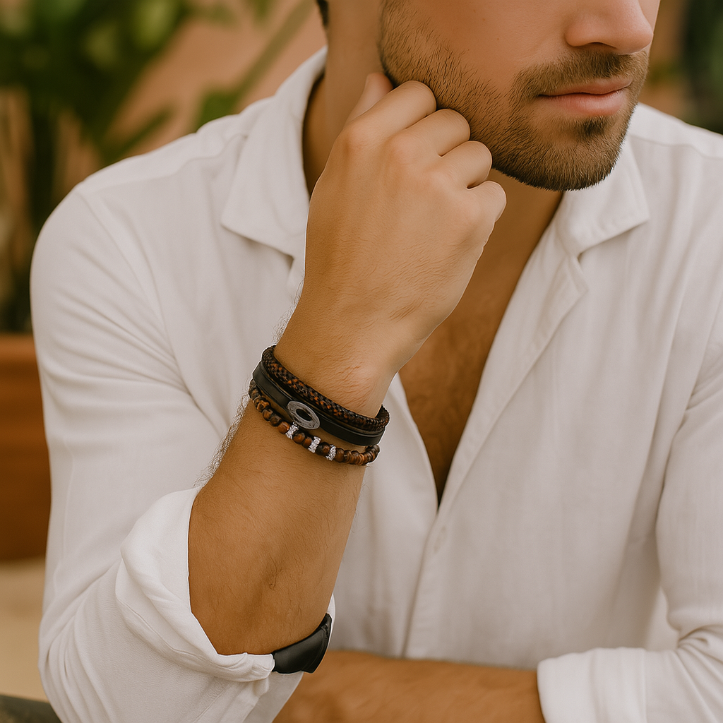 Bracciale da uomo in pelle intrecciata e pietre naturali - Evaristo