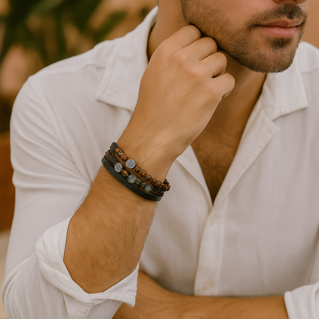 Bracciale da uomo in pelle vegana intrecciata con perle naturali - Aris