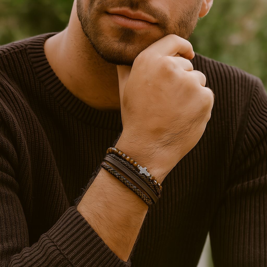 Bracciale da uomo in pelle con perle naturali e croce - Elio