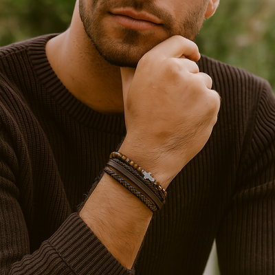 Bracciale da uomo in pelle con perle naturali e croce - Elio