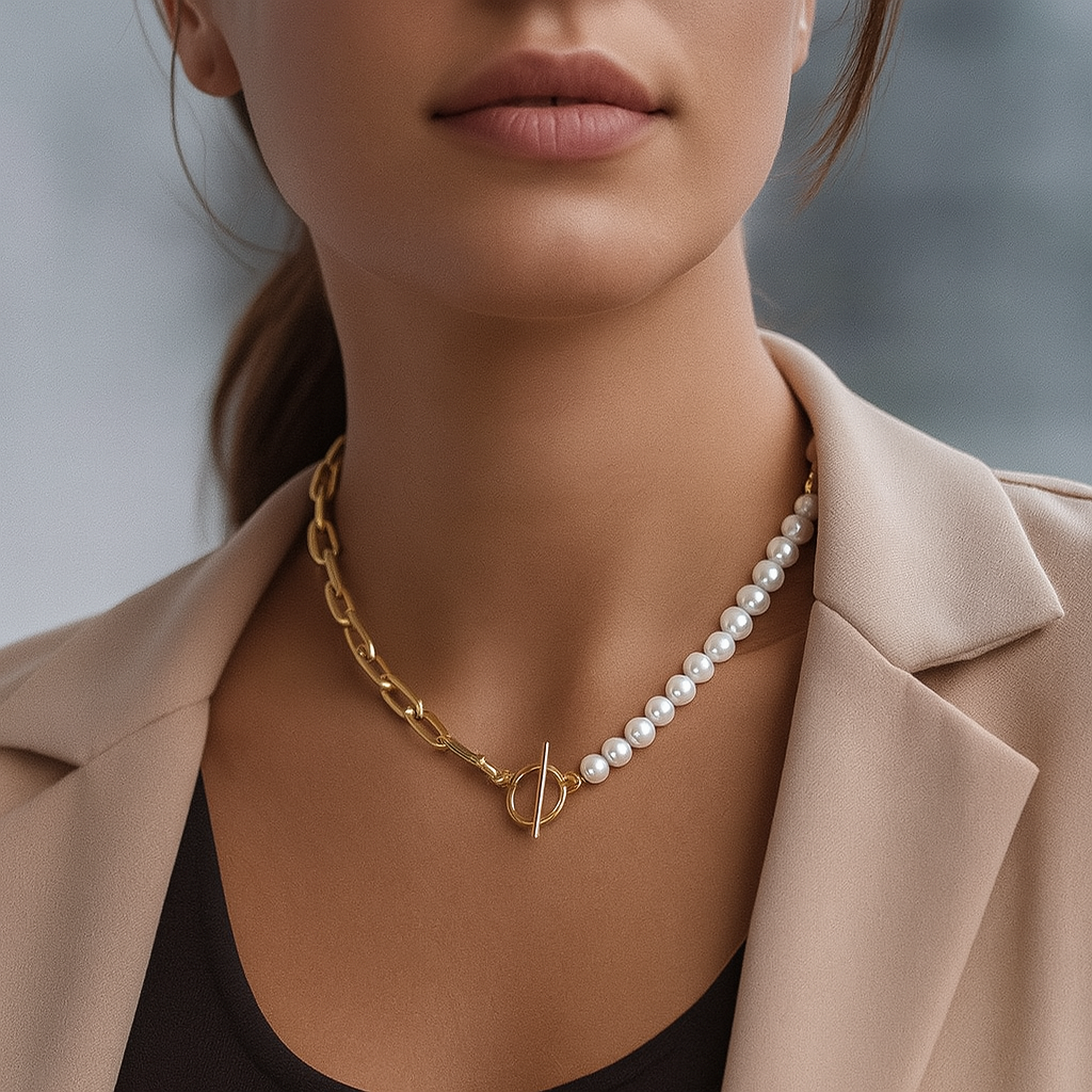 Collana placcata oro con catena e perle alternate - Caley