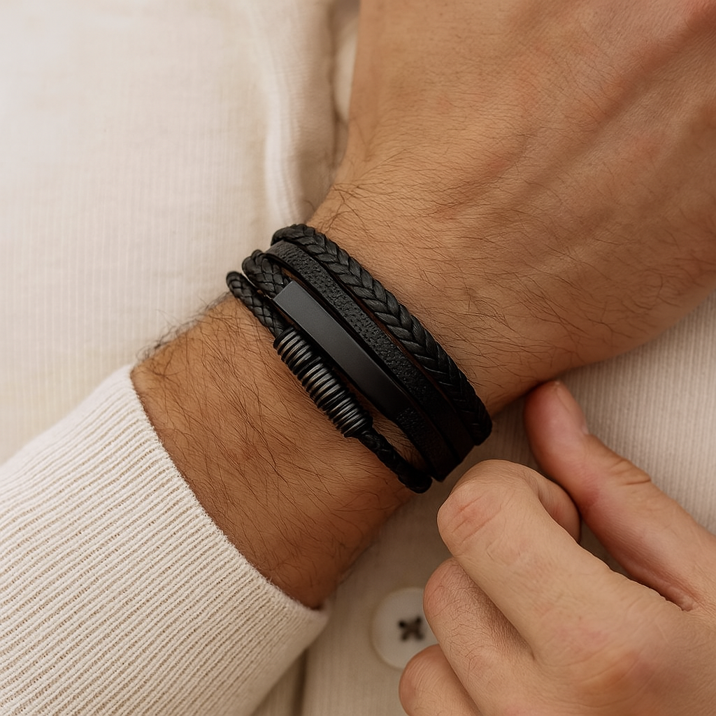 Bracciale da uomo in pelle vegana intrecciata con dettagli metallici scuri - Daren