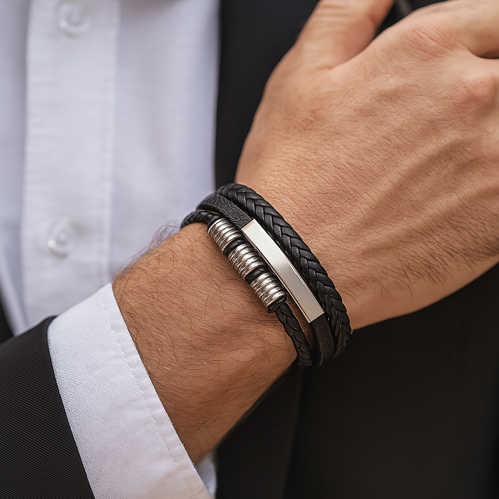 Bracciale da uomo in pelle vegana intrecciata con dettagli metallici scuri - Daren