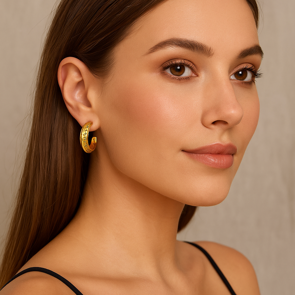 Orecchini a cerchio geometrici incisi e placcati in oro per donna - Helga