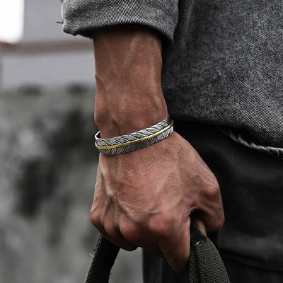 Bracciale da uomo in argento e ottone con design piuma - Aeron