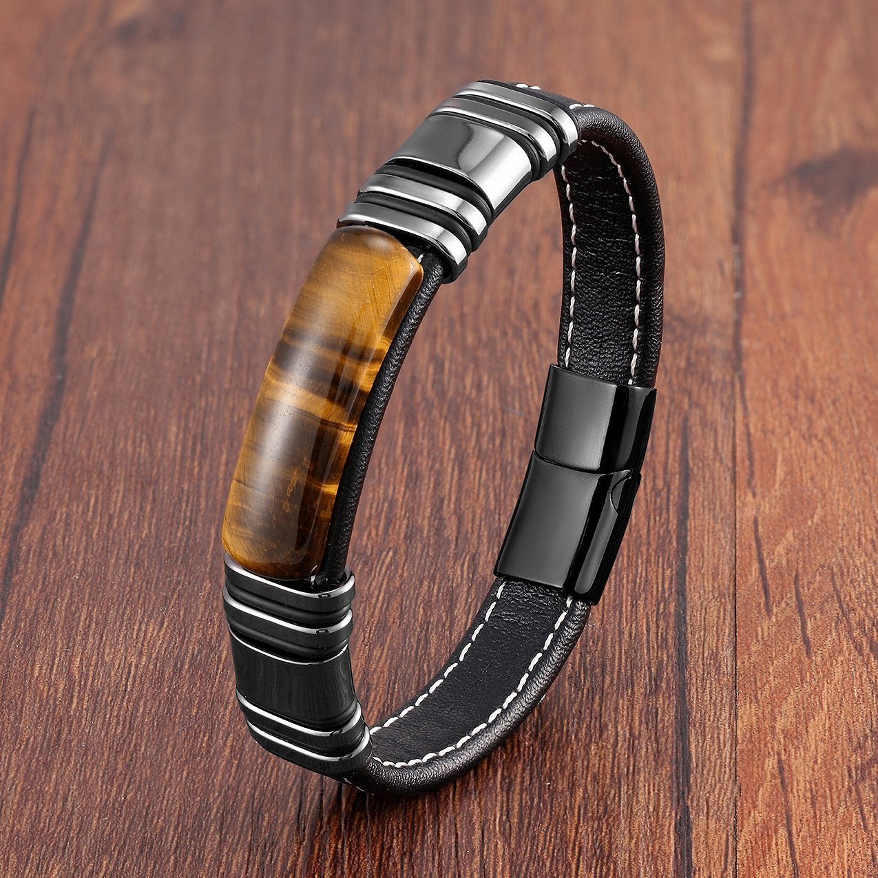 Bracciale da uomo in pelle con design magnetico in acciaio inossidabile - Vulcan