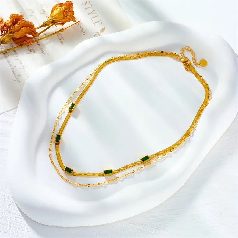 Collana doppia dorata con rettangoli verdi - Narelle