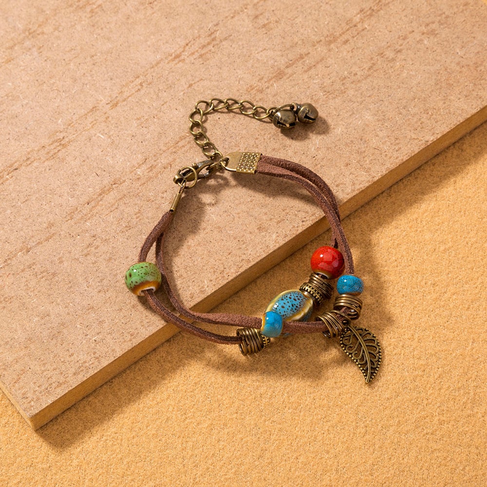 Bracciale bohémien in pelle con perle di ceramica - Lantana