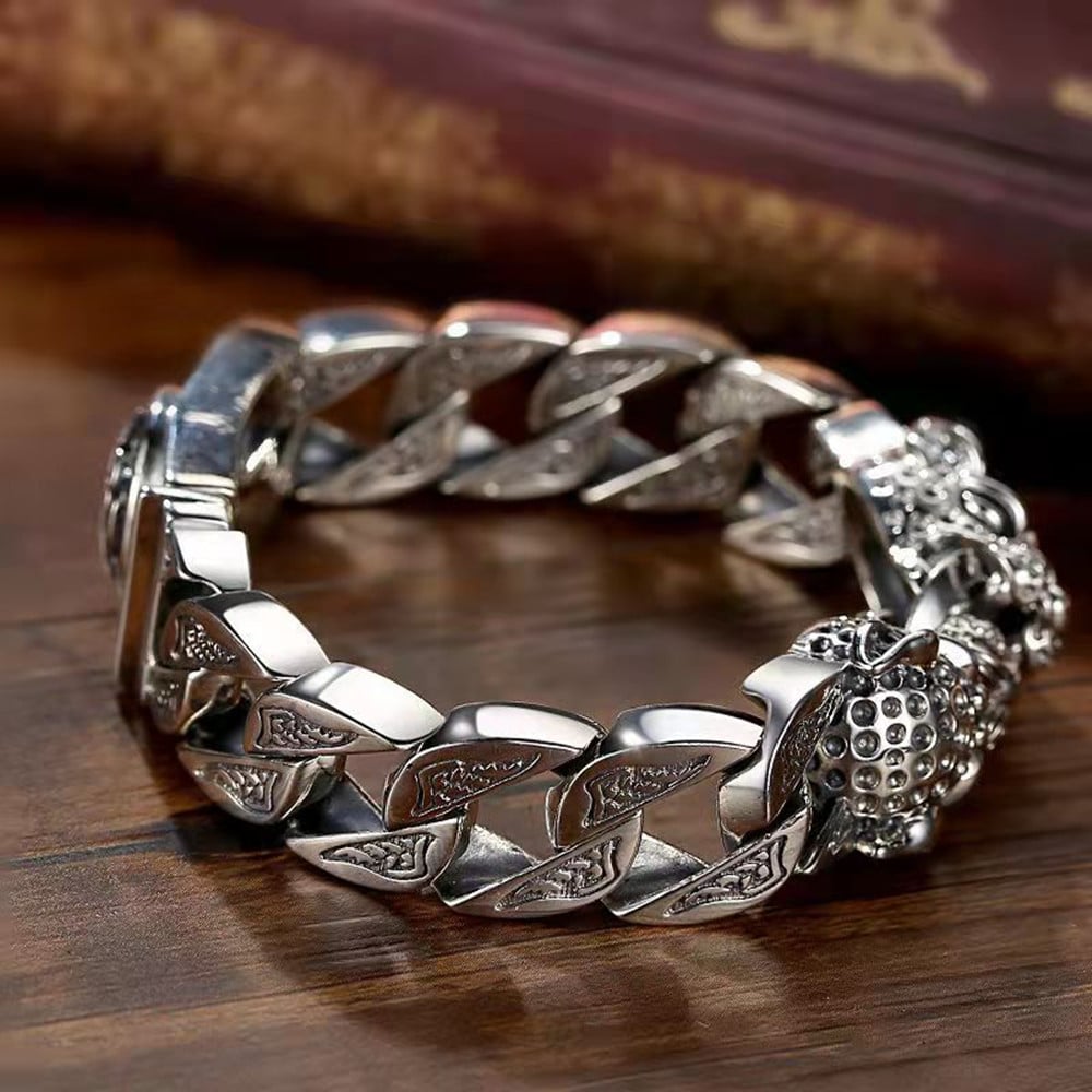 Bracciale da uomo a testa di leopardo con disegno tribale metallico - Hekkan