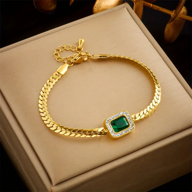 Bracciale dorato con cristallo rettangolare verde - Liriel