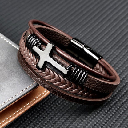 Bracciale da uomo in pelle intrecciata con croce in acciaio inossidabile - Sentinel