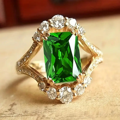 Anello dorato con cristallo verde rettangolare - Lorien