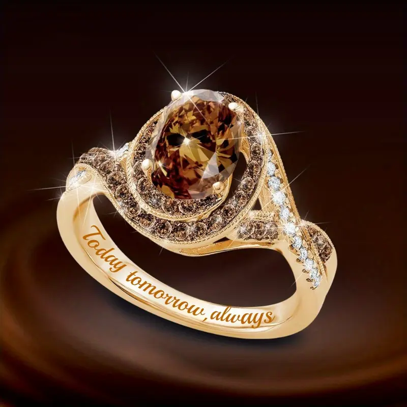 Anello ovale arrotondato in vetro arancione con zircone dorato - Isla