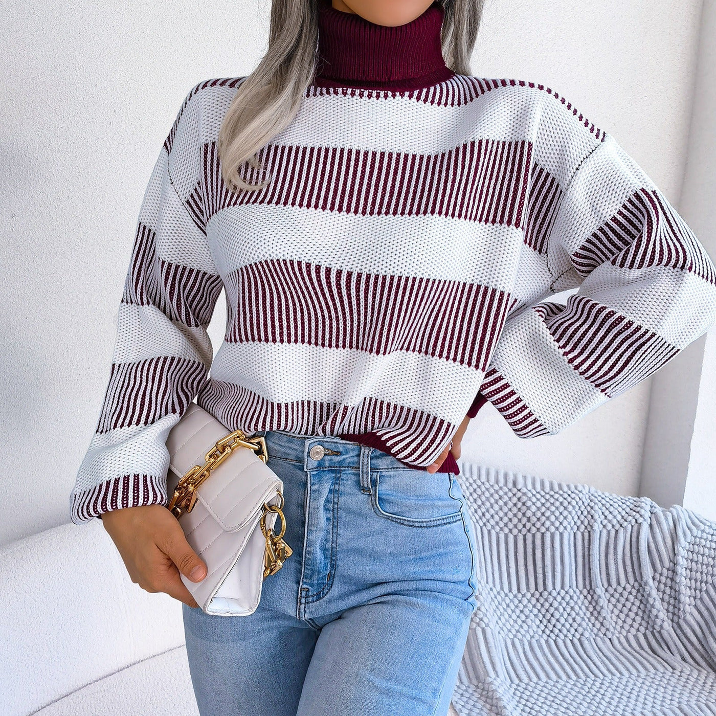 Maglia dolcevita da donna a righe larghe - Elsy