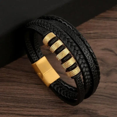 Bracciale da uomo in pelle intrecciata con dettagli metallici - Nereo