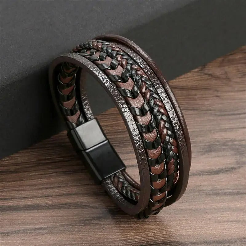 Bracciale da uomo in pelle vegana intrecciata con chiusura magnetica - Kael