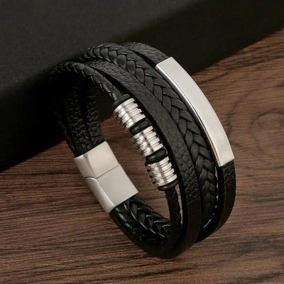 Bracciale da uomo in pelle vegana intrecciata con dettagli metallici scuri - Daren