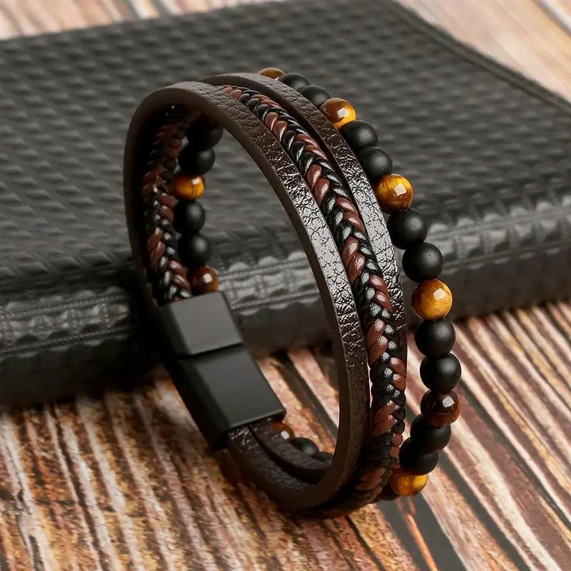 Bracciale da uomo in pelle vegana intrecciata con perle naturali - Maeron