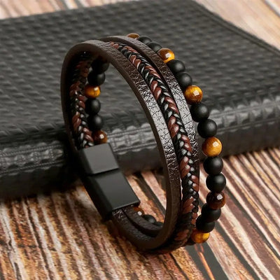 Bracciale da uomo in pelle vegana intrecciata con perle naturali - Maeron