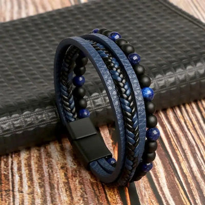 Bracciale da uomo in pelle vegana intrecciata con perle naturali - Maeron