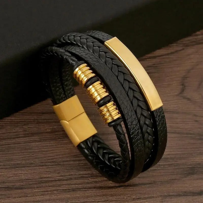 Bracciale da uomo in pelle vegana intrecciata con dettagli metallici scuri - Daren